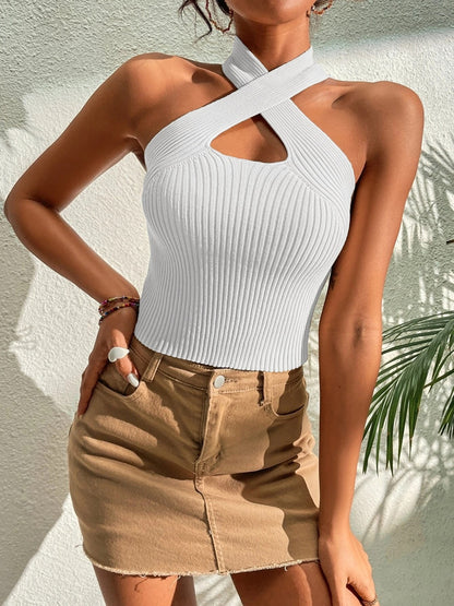 Heart Criss Cross Ribbed Knit Sleeveless Halter Crossfit Crop Top