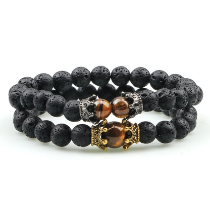 Black Lava Stone Crown Charm Tiger Eye Beads Bracelet