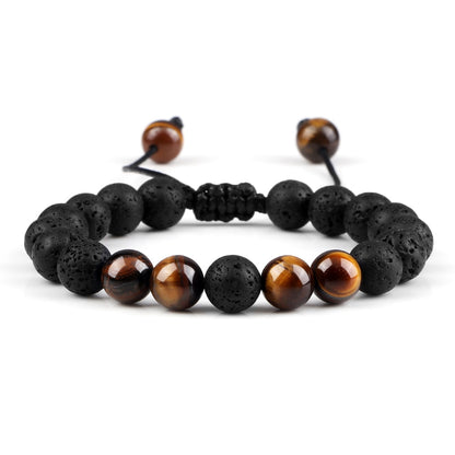 Black Lava Stone Crown Charm Tiger Eye Beads Bracelet