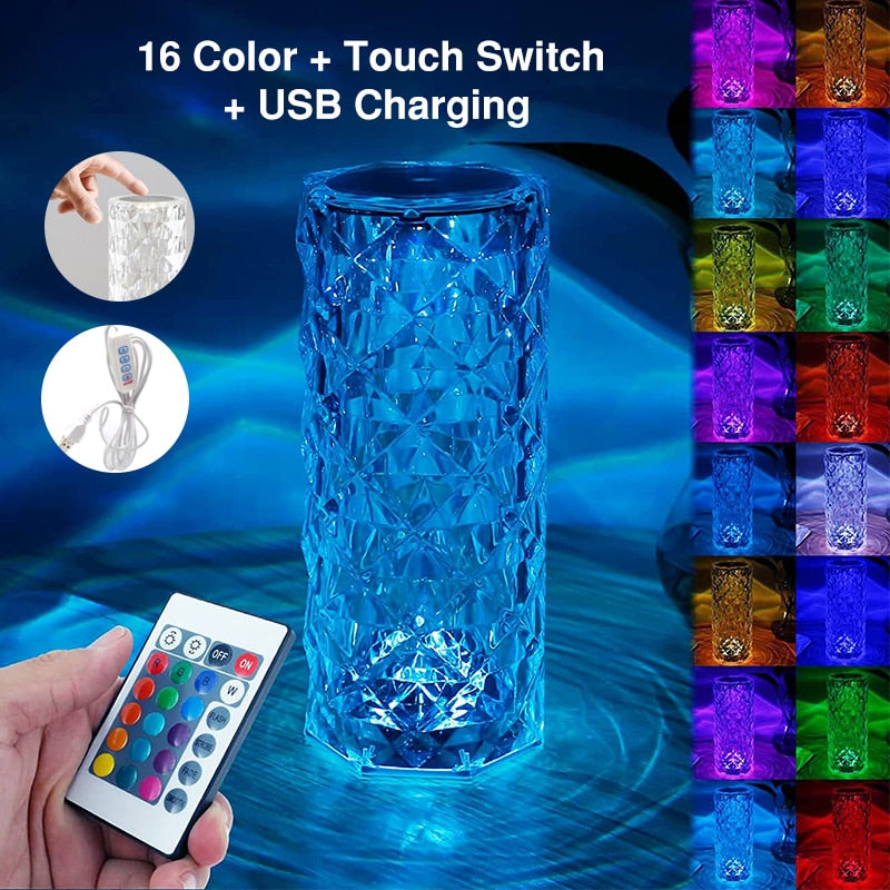Crystal Touch Table Lamp Rechargeable With 16 RGB Colors &  Dimmable Night Light With Remote Control