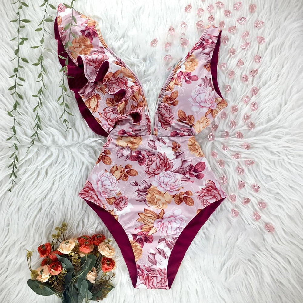 Sexy Floral Ruffle One Piece Swimsuit