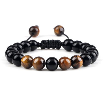 Black Lava Stone Crown Charm Tiger Eye Beads Bracelet