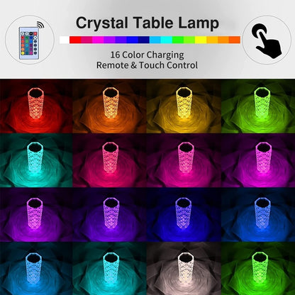 Crystal Touch Table Lamp Rechargeable With 16 RGB Colors &  Dimmable Night Light With Remote Control