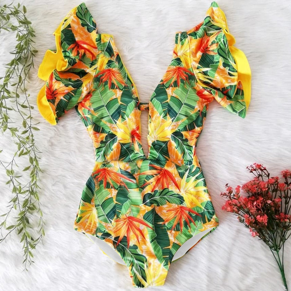 Sexy Floral Ruffle One Piece Swimsuit