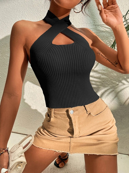 Heart Criss Cross Ribbed Knit Sleeveless Halter Crossfit Crop Top