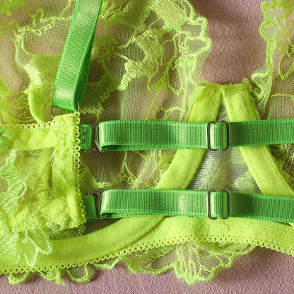 Neon Green Lace  Fancy  Fetish Luxury Transparent Lingerie Set