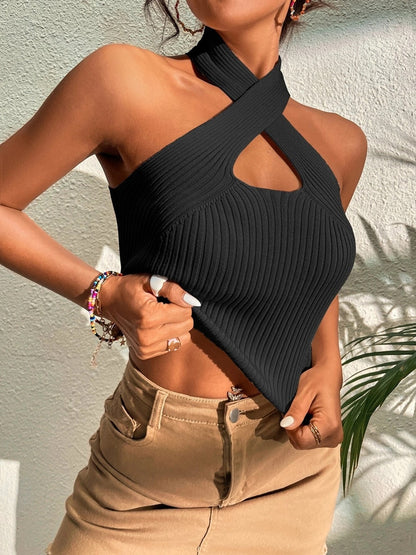 Heart Criss Cross Ribbed Knit Sleeveless Halter Crossfit Crop Top