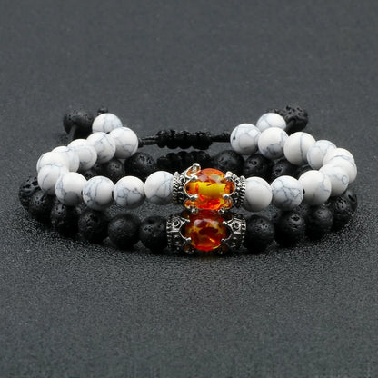 Black Lava Stone Crown Charm Tiger Eye Beads Bracelet