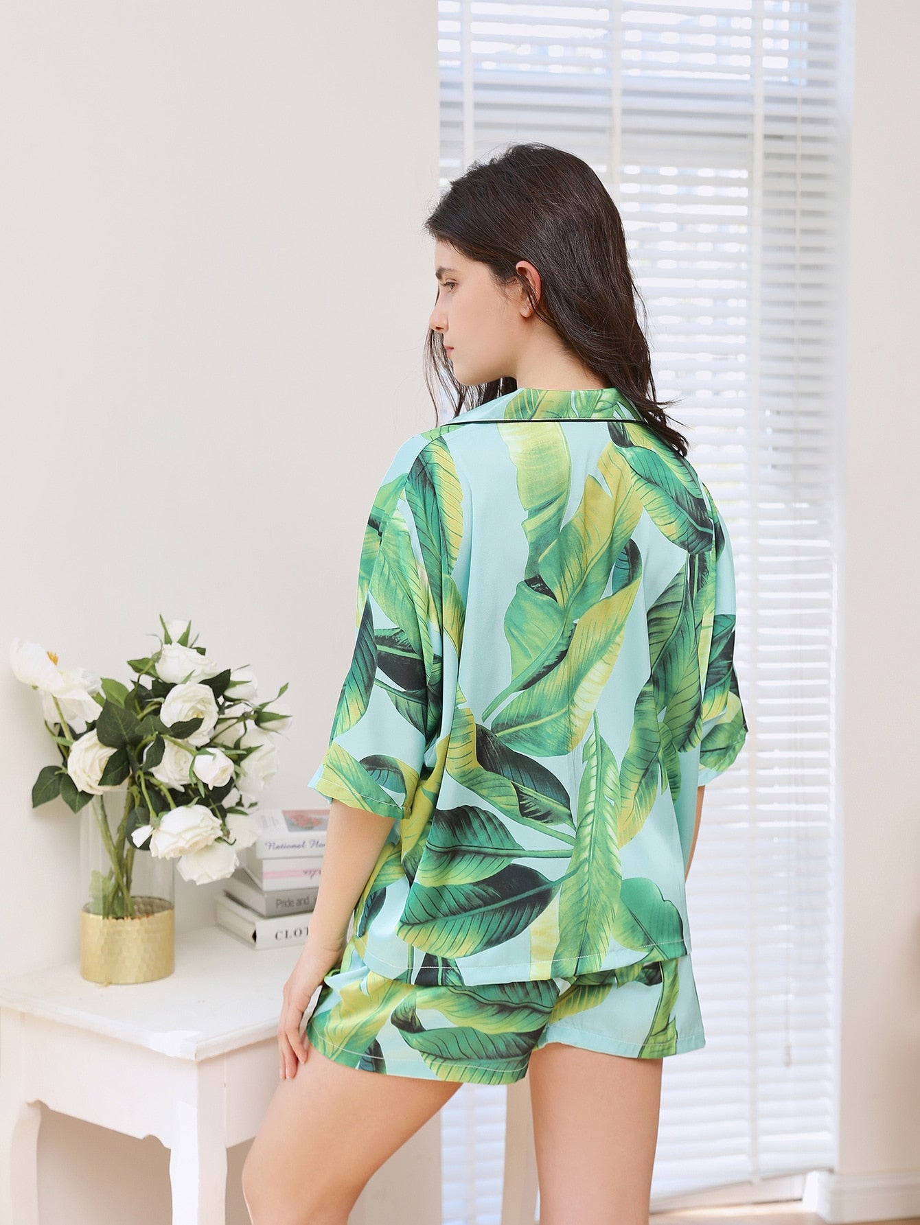 Tropical Plants Print Loose Top Pajamas Set Sleepwear