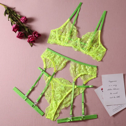 Neon Green Lace  Fancy  Fetish Luxury Transparent Lingerie Set