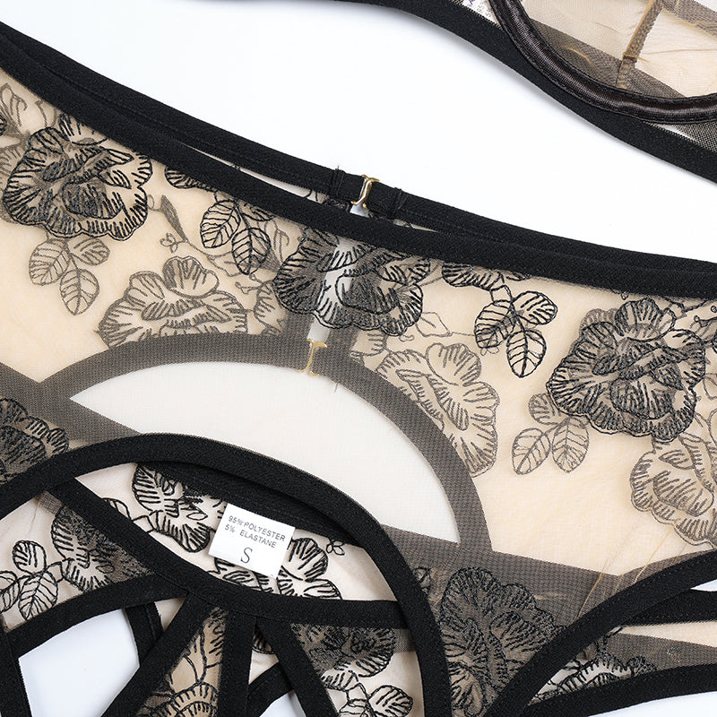 Sensual Embroidery Transparent 3 Pieces Lingerie Set