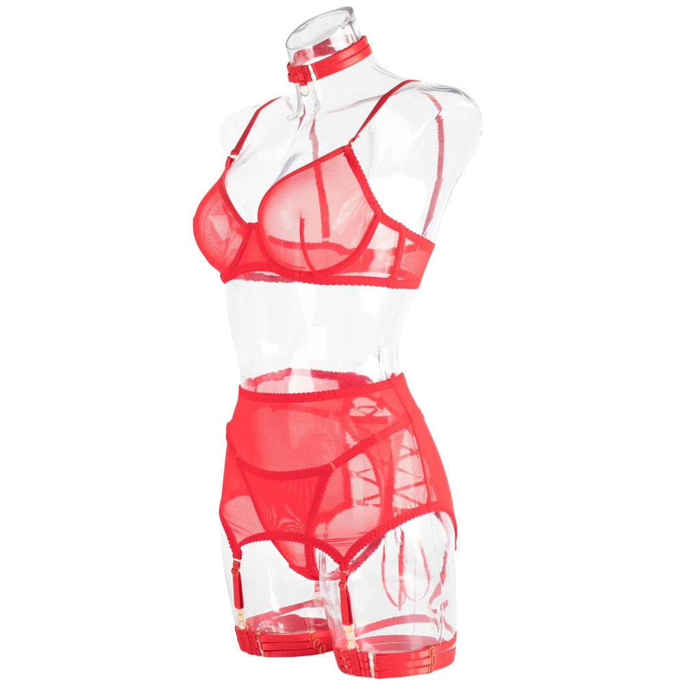 Red Sissy Fetish Lace Up Bandage Garter Underwear Valentine Day Sexy 6-Piece Lingerie Set