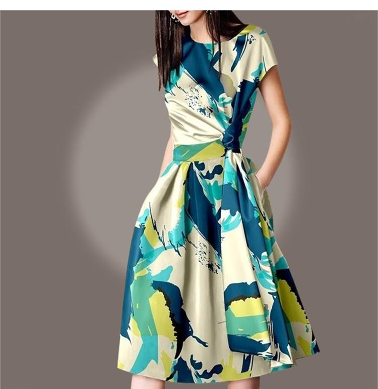 Vintage O Neck Slim Multicolor Floral Print Elegant Knee Lenght Casual Dress