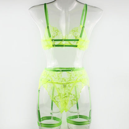 Neon Green Lace  Fancy  Fetish Luxury Transparent Lingerie Set