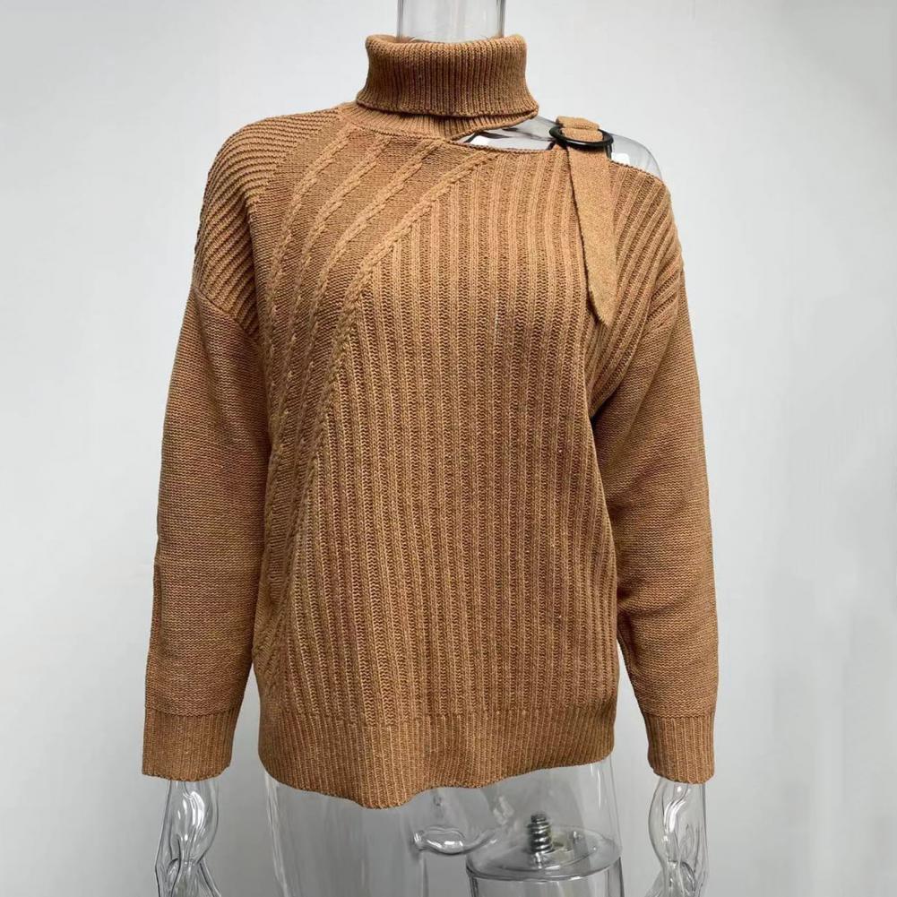Off Shoulder Turtleneck Knitted Sweater Adjustable Buckle Twist Decor Long Sleeve  Pullover Sweater