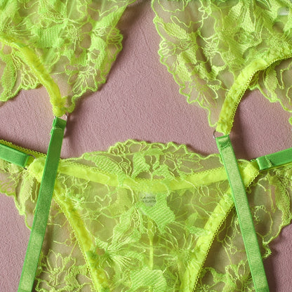 Neon Green Lace  Fancy  Fetish Luxury Transparent Lingerie Set