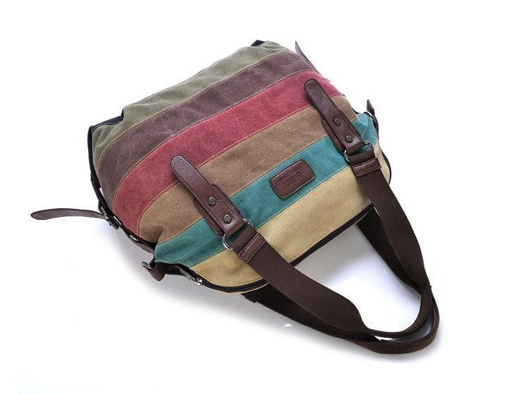 Rainbow Striped Patchwork Canvas Handbag