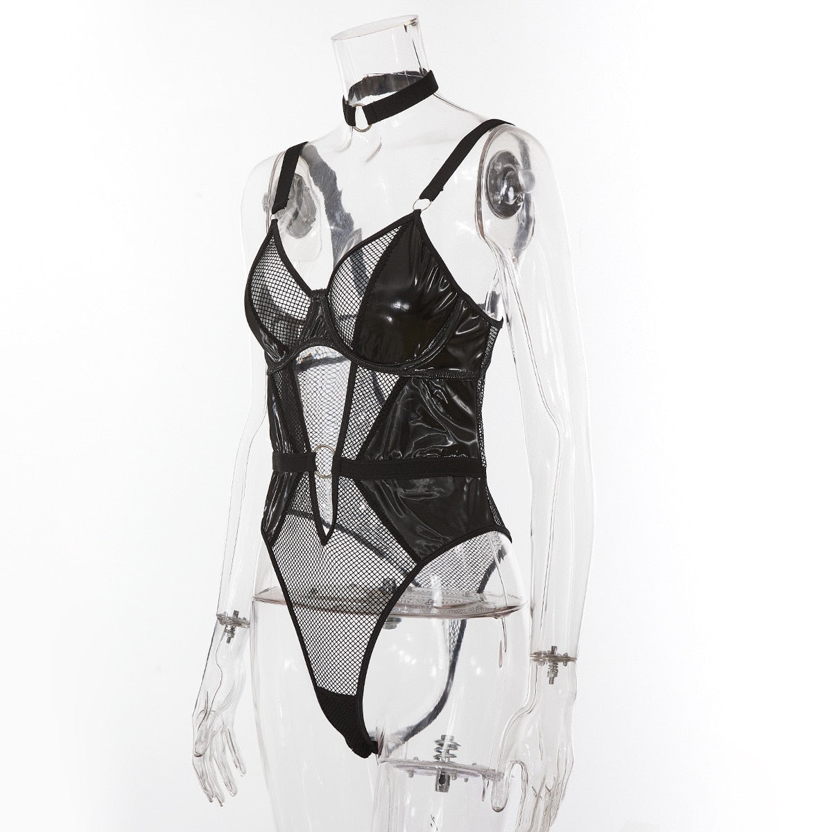 Open Crotch Latex Bodysuit WIth Collar Mesh Patchwork