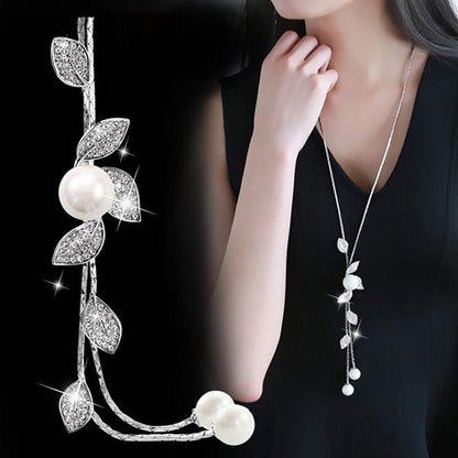 Simulated Pearl Crystal Leaf Necklaces