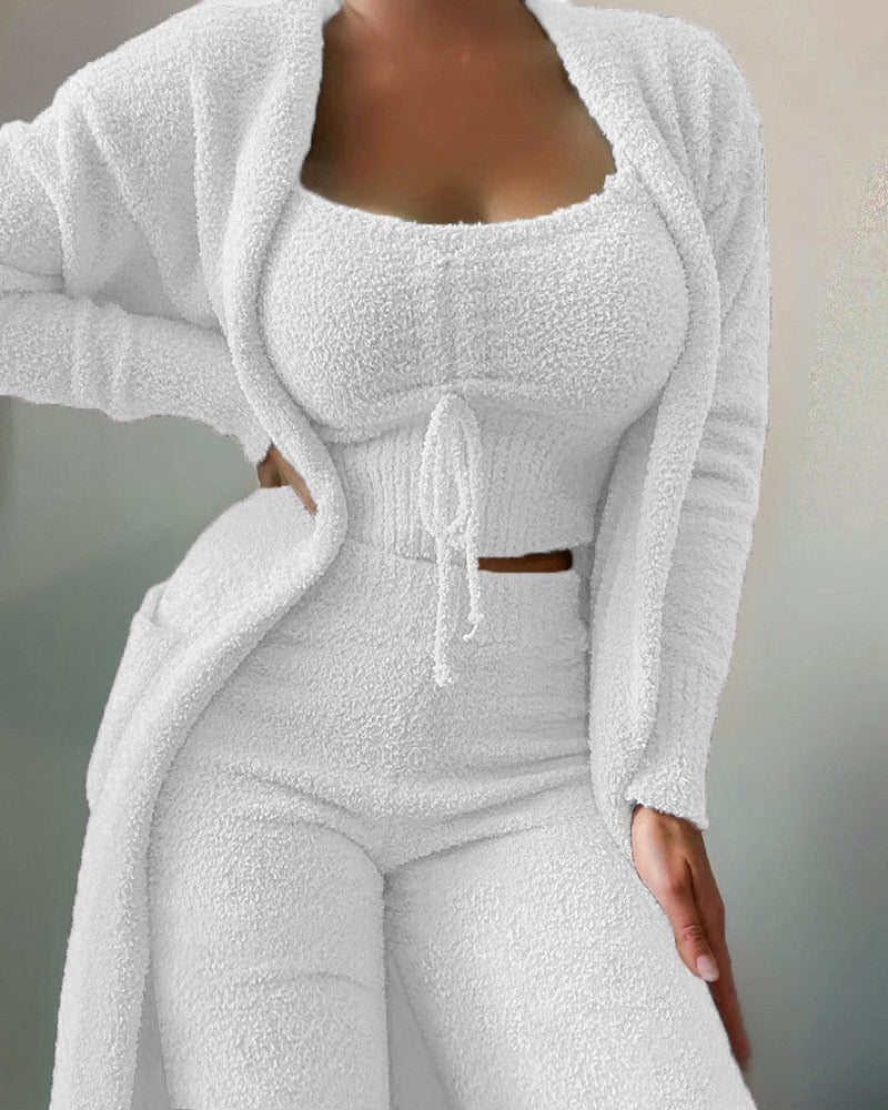 Velvet Warm Soft Fleece Pajamas Set Crop Top+Long Pants+Coat 3 Pieces Suit