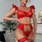 Valentine Day Red Feather  Fetish Fancy Underwear Uncensored Luxury Bra With Chain Bilizna Intimate Lingerie Set