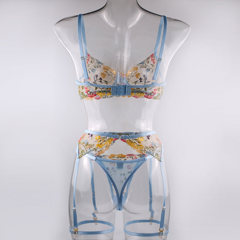 Sensual Lace  Transparent Embroidery 3-Piece Lingerie Set