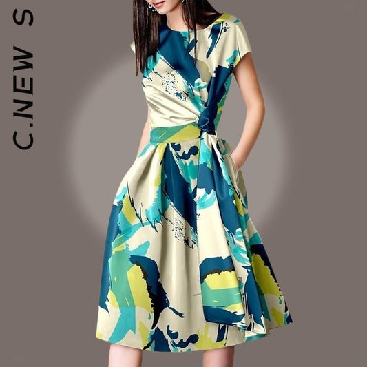 Vintage O Neck Slim Multicolor Floral Print Elegant Knee Lenght Casual Dress