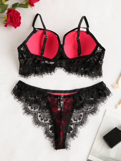 Valentine Day Black Red Lace Padded Push Up Bras 2 Piece Set